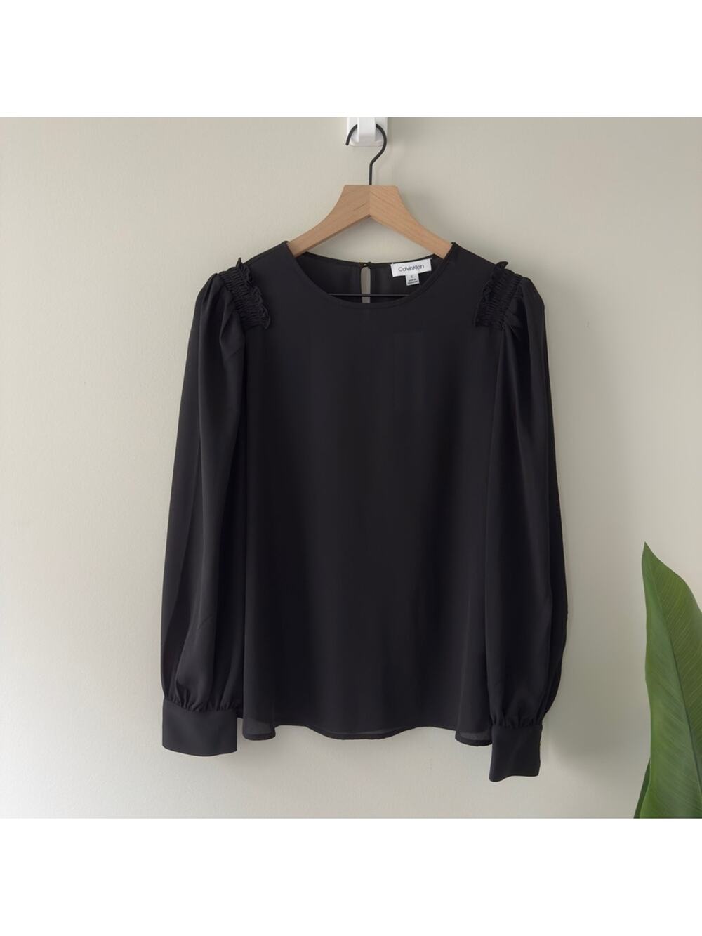 Calvin Klein Black Puff Sleeve Blouse Cuff Sleeves smocked ruffle button keyhole